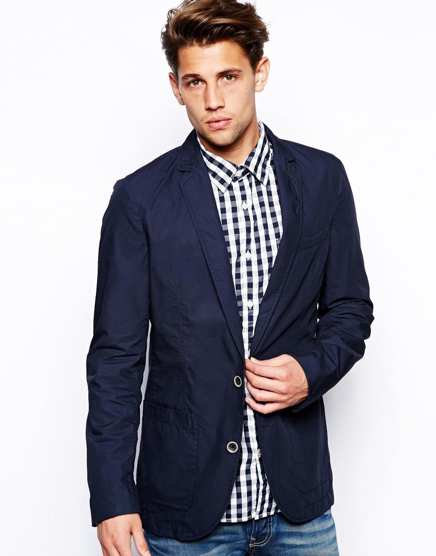 check navy blue shirt with blazer