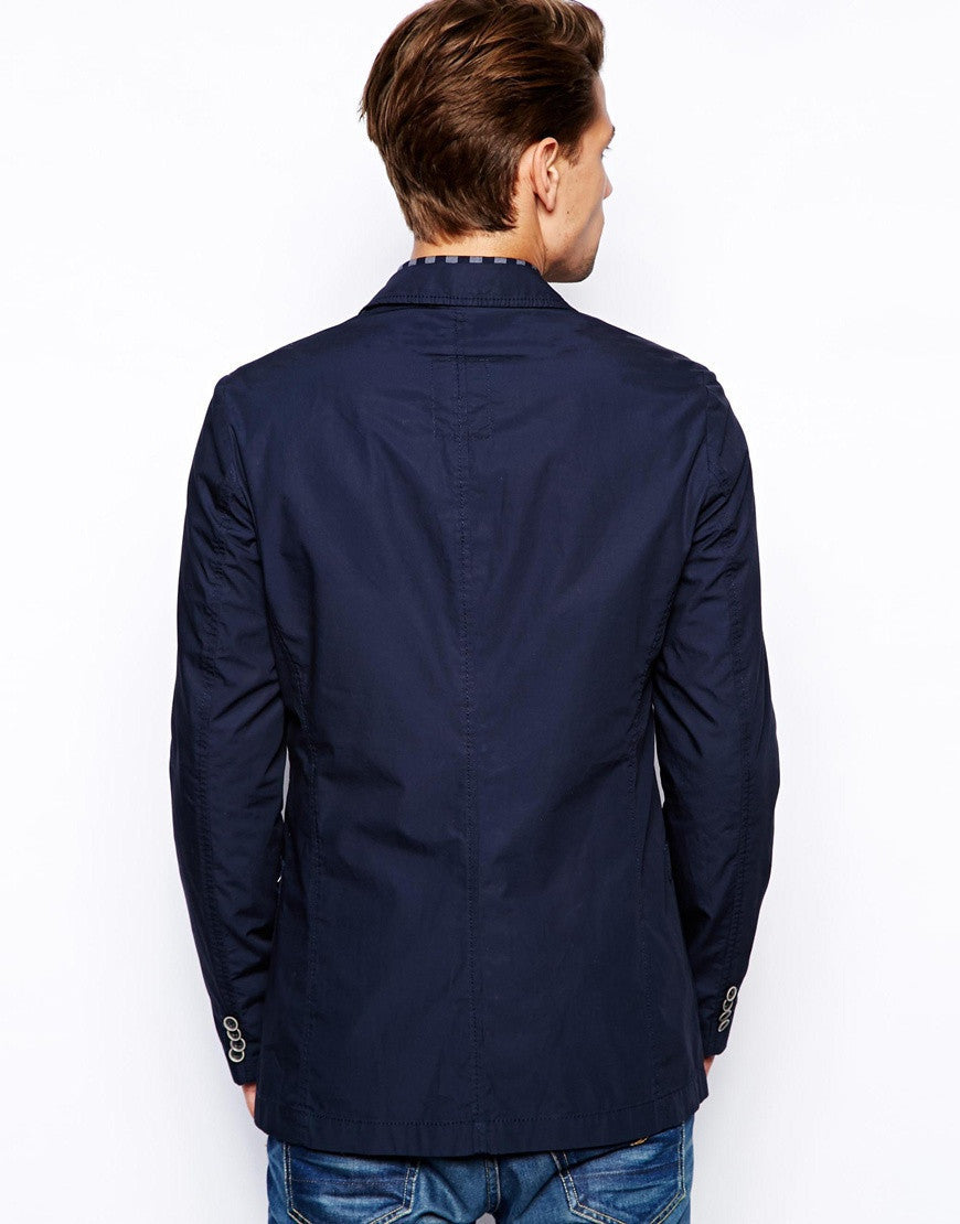 check navy blue shirt with blazer