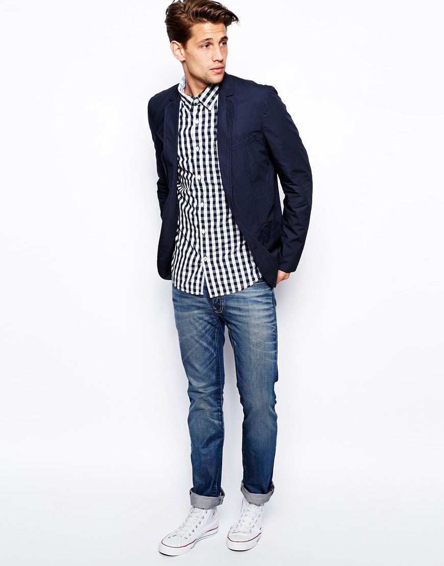 check navy blue shirt with blazer